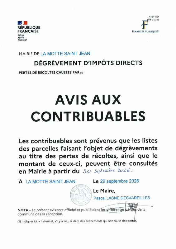 Avis dégrèvement impôts directs